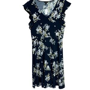 Ann Taylor Navy Blue Floral Flutter Sleeve V-Neck Dress Size Medium